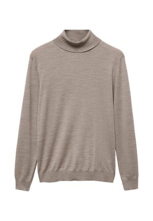 Light beige turtleneck sweater made of soft knit fabric. Features long sleeves, a relaxed fit, and ribbed accents at the neckline and hem.
