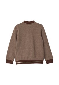 Brązowa kurtka w jodełkowy wzór z ciemnobrązowym prążkowanym kołnierzem i mankietami. Posiada pas w talii z kremowym paskiem.