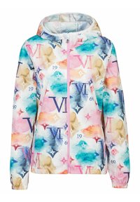Kleurrijke hooded jas met een aquarelprint in roze, blauw en beige met lettermotieven. Lichtgewicht stof met elastische manchetten.