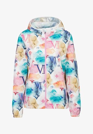 Bunte Kapuzenjacke mit einem aquarellierten Print in Rosa, Blau und Beige sowie Buchstabenmotiven. Leichter Stoff mit elastischen Manschetten.
