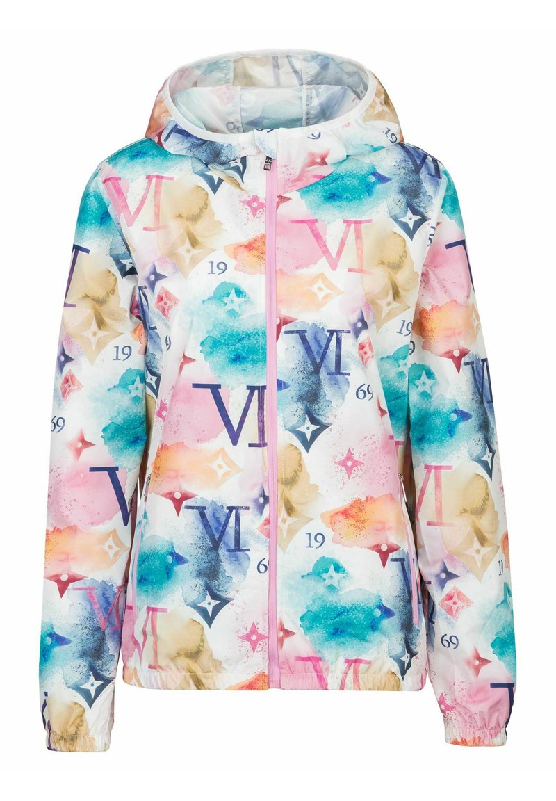 Kleurrijke hooded jas met een aquarelprint in roze, blauw en beige met lettermotieven. Lichtgewicht stof met elastische manchetten.