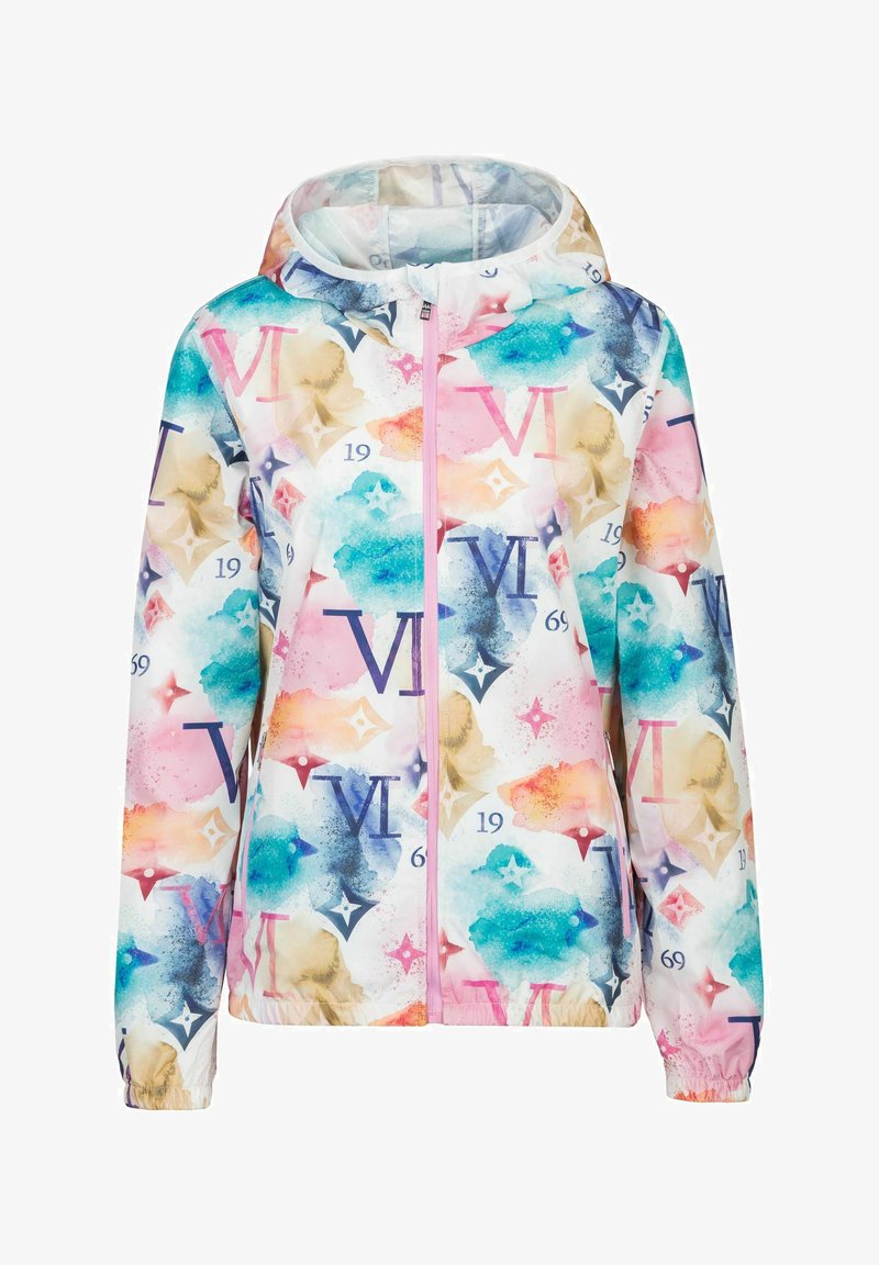 Kleurrijke hooded jas met een aquarelprint in roze, blauw en beige met lettermotieven. Lichtgewicht stof met elastische manchetten.