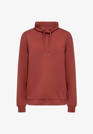 Rdzawoczerwony hoodie z wysokim kołnierzem, troczkami, długimi rękawami i ściągaczami. Wykonany z miękkiej, teksturowanej tkaniny.