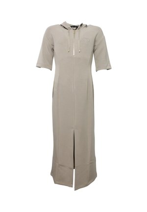 Abito lungo beige con maniche corte, zip frontale, cappuccio, cordini e spacco centrale anteriore.