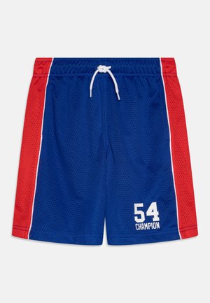 Mėlyni tinkliniai šortai su raudonomis šoninėmis juostomis, baltais krašteliais, reguliuojama juosmens juosta ir baltu spausdintu "54 ČEMPIONAS" dešinėje apačioje.