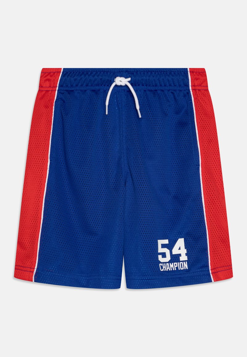 Plave mrežaste kratke hlače s crvenim bočnim panelima, bijelom pipingom, podesivim pojasom i bijelom otisnutom oznakom "54 CHAMPION" na donjem desnom dijelu.