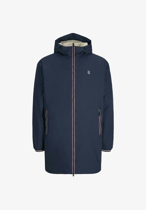 Veste bleu marine avec capuche, fermeture éclair et doublure en polaire. Présente des accents de fermeture éclair contrastants en rouge et blanc ainsi que des poches latérales.