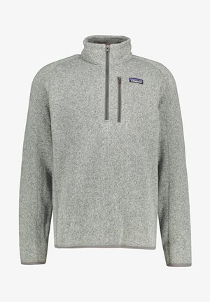Vaaleanharmaa fleece-pusero, jossa on korkea kaulus, neljännesvetoketju ja rintatasku. Pehmeä rakenne, jossa on erottuvaa harmaata ommeltua yksityiskohtaa.