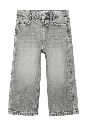 Culottes en denim gris avec une coupe décontractée, présentant une taille haute, cinq poches et un ourlet propre. Le tissu a une légère texture délavée.