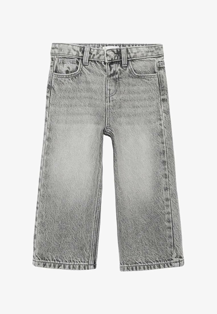 Sive kavbojke culottes ohlapnega kroja, z visokim pasom, petimi žepi in čistim robom. Tkanina ima rahlo zbledel videz.