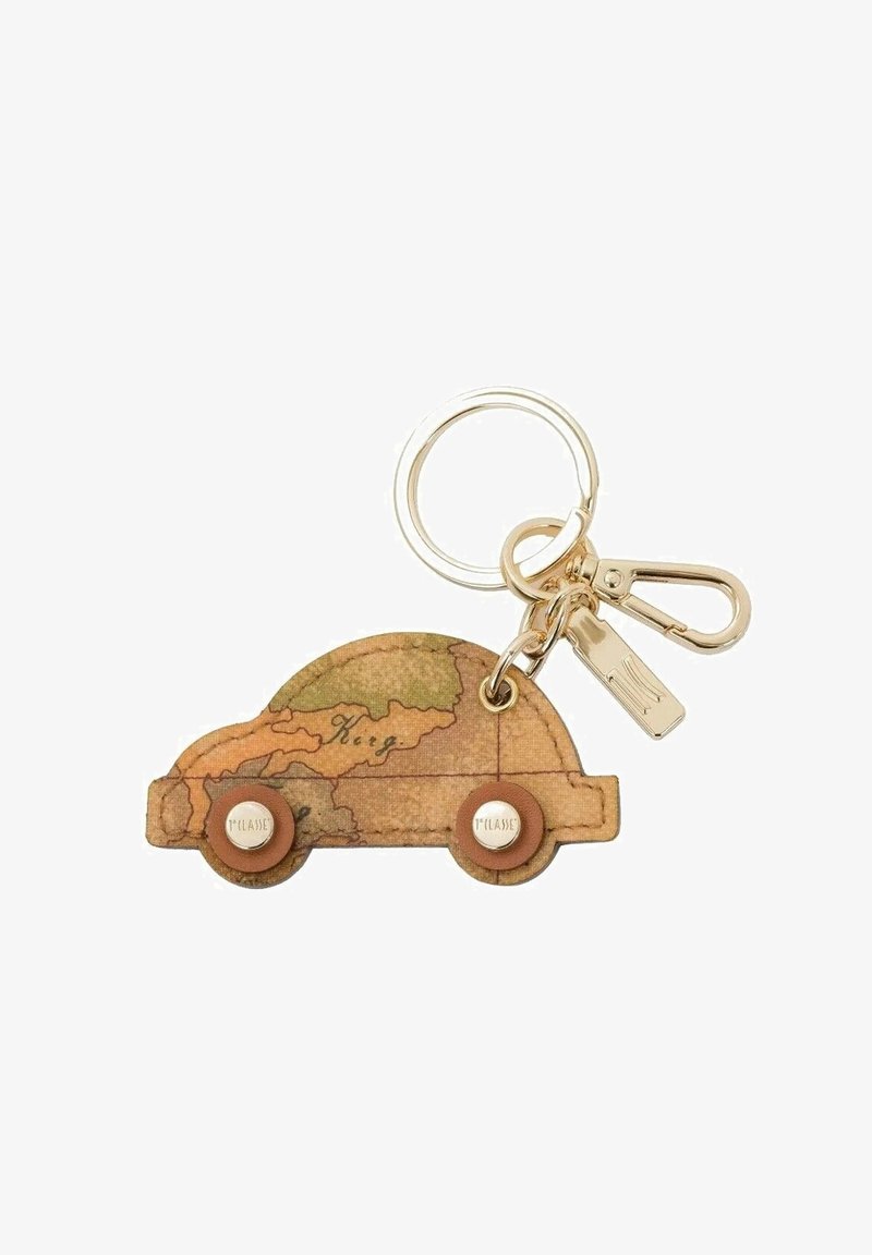 Portachiavi a forma di auto, realizzato in materiale a fantasia che ricorda una mappa del mondo. Presenta hardware dorato e due ruote rotonde marroni.