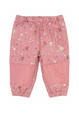 Lyserøde quiltede bukser til småbørn med elastisk talje og manchetter, dekoreret med små mønstre af jordbær og blomster, med forstærkede knælapper.
