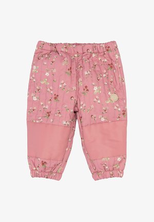 Różowe pikowane spodnie dla malucha z elastycznym pasem i mankietami, ozdobione małymi wzorami truskawek i kwiatów, z wzmocnionymi łatami na kolanach.