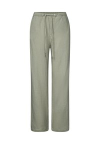 Light olive green pants made of textured fabric. Features a drawstring waist and straight leg design, with a relaxed fit and no visible embellishments.