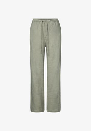 Lys olivengrønne bukser lavet af tekstureret stof. Har en snoretræk i taljen og lige ben-design, med en afslappet pasform og ingen synlige dekorationer.