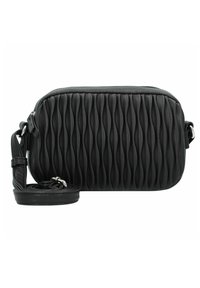 Bolso cruzado de cuero negro con textura acolchada en ondas, de forma rectangular y correa ajustable. Detalles en metal plateado.