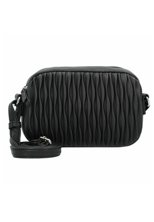 Sac en cuir noir en bandoulière avec une texture matelassée ondulée, une forme rectangulaire et une sangle ajustable. Accents en métal argenté.