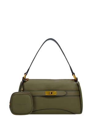 Olivgrüne Lederhandtasche mit schwarzem Griff, goldfarbenem Verschluss und angebrachtem kleinem passenden Münzbeutel mit eingeprägtem Markennamen.