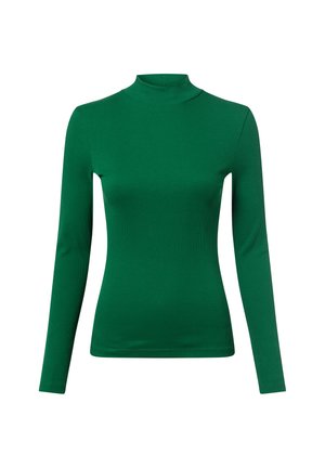 Długi rękaw turtleneck w jednolitym zielonym kolorze, wykonany z żebrowanej tkaniny. Posiada dopasowany krój oraz wysoki dekolt, o gładkiej fakturze.