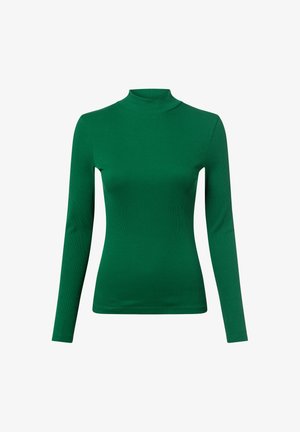 Maglietta a maniche lunghe con collo alto in verde intenso, realizzata in tessuto a costine. Presenta un design aderente e un collo alto, con una texture liscia.