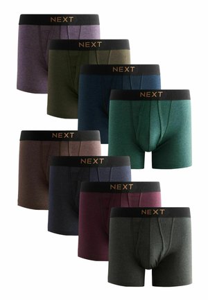 Set von acht Herren-Boxershorts in verschiedenen Farben, darunter Lila, Grün, Marineblau, Rot und Anthrazit, mit schwarzem "NEXT"-Bund.