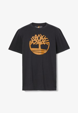 Black cotton T-shirt featuring an orange tree logo in a circular design on the front. Short sleeves and a crew neckline.