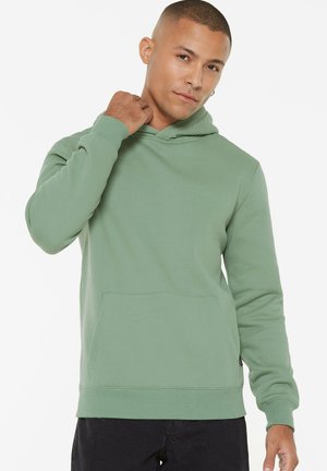Green hoodie made of soft fabric, featuring a hood, front pocket, and ribbed cuffs and hem. Smooth texture with a relaxed fit.