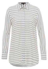 Langærmet skjorte med knapper i lys grå og hvide striber, lavet af glat stof, med klassisk krave og buet kant.