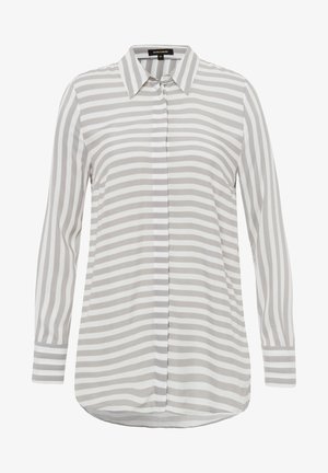 Long-sleeve button-up shirt in light gray and white stripes, made from smooth fabric, featuring a classic collar and curved hemline.
