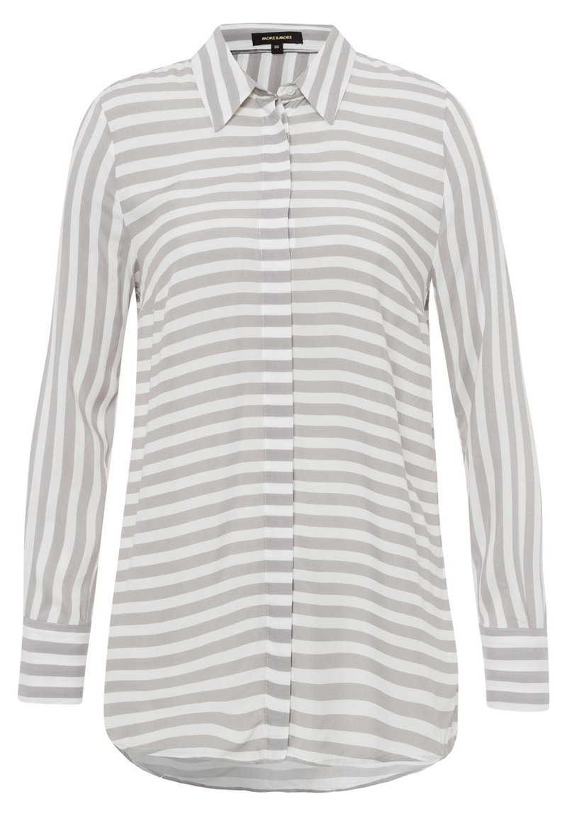 Langærmet skjorte med knapper i lys grå og hvide striber, lavet af glat stof, med klassisk krave og buet kant.