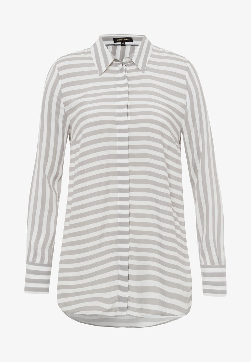 Langærmet skjorte med knapper i lys grå og hvide striber, lavet af glat stof, med klassisk krave og buet kant.