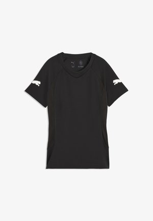 T-shirt de sport noir à manches courtes avec col en V, logo Puma sur les deux manches et texte "Re-Fibre" imprimé à l'intérieur du col.