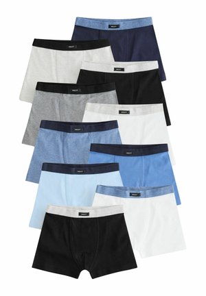 Ein Set aus 12 Herren-Boxershorts in verschiedenen Farben: schwarz, weiß, grau, hellblau und marineblau, mit elastischen Taillenbändern, die mit "NEXT" beschriftet sind.