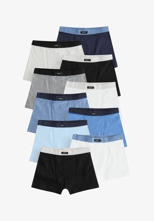 Zehn Paar Herrenboxershorts in verschiedenen einfarbigen Farben, darunter Schwarz, Weiß, Grau und Blau, jeweils mit einem gebrandeten Bund.