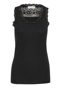 Zwart geribd tanktopje met een geschulpte kanten halslijn en ruches aan de mouwen. De stof is zacht met een aansluitend ontwerp en fijn kantdetail.