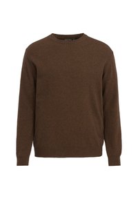 Pullover in lana marrone con scollatura a girocollo, maniche lunghe e polsini e orlo a coste. Tessuto liscio senza motivi o dettagli visibili.