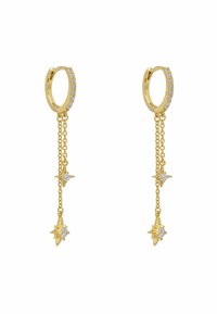 Gold hoop earrings with embedded crystals, featuring two delicate chains each ending in star-shaped charms with clear gemstones.