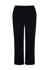 Pantaloni neri a gamba dritta con vita alta e senza tasche o decorazioni visibili, esposti su uno sfondo bianco.