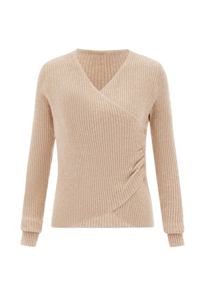 Beige geribbelde gebreide lange mouw top met wikkelvoorkant, V-hals en knoopdetails aan de zijkant.