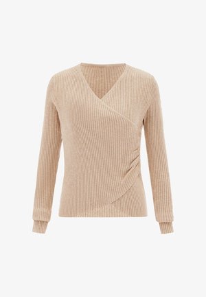 Top lung cu maneci lungi, din tricot ribetat bej, cu față înfășurată, decolteu în V și detalii cu nasturi pe lateral.