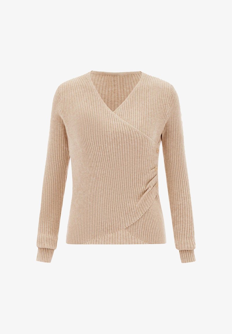 Beige geripptes Strickoberteil mit langen Ärmeln, Wickelvorderseite, V-Ausschnitt und Knopfdetails an der Seite.