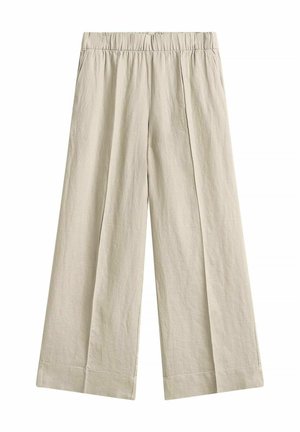 Beige wide-leg linen pants with elastic waistband and front pleats, suitable for casual or semi-formal wear.