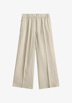 Beige wide-leg linen pants with elastic waistband and front pleats, suitable for casual or semi-formal wear.