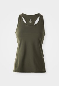 Top sem mangas verde-oliva feito de tecido suave com um design de costas nadador. Apresenta um decote redondo e bainha costurada.