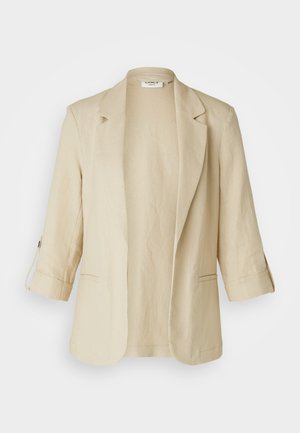Beige linen blazer with a single-button front, notched lapels, and three-quarter sleeves. Features two side pockets and a relaxed fit.