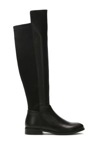 Knee-high black boots made of leather and fabric, featuring a rounded toe, flat heel, and a smooth texture with minimal stitching.