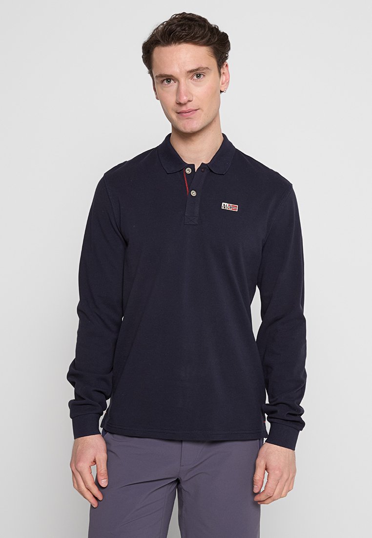 Granatowa, długorękawowa koszulka polo wykonana z bawełny, z trzyguzkowym zapięciem, małą metką z logo oraz czerwonymi akcentami na kołnierzyku.