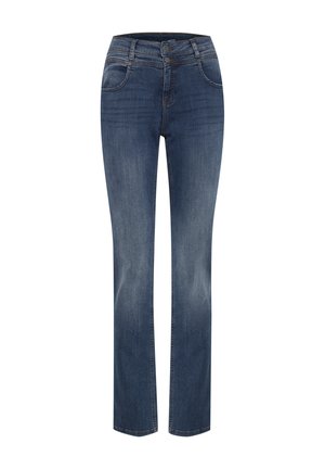 Blå denimjeans med lige ben, syningsdetaljer og to forlommer. Stoffet har en let falmet effekt for tekstur.