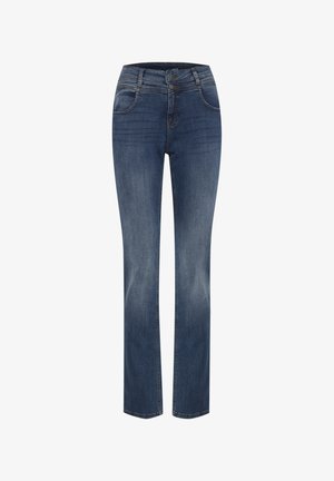 Pantalones vaqueros azules de mezclilla con un diseño de pierna recta, detalles cosidos y dos bolsillos delanteros. La tela presenta un ligero desgaste que añade textura.