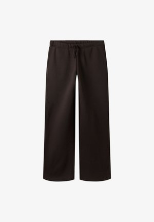 Tamsiai rudos platus kelnių modelis su elastine juosmens juosta ir raišteliu, su šoninėmis kišenėmis ir laisvu siluetu.